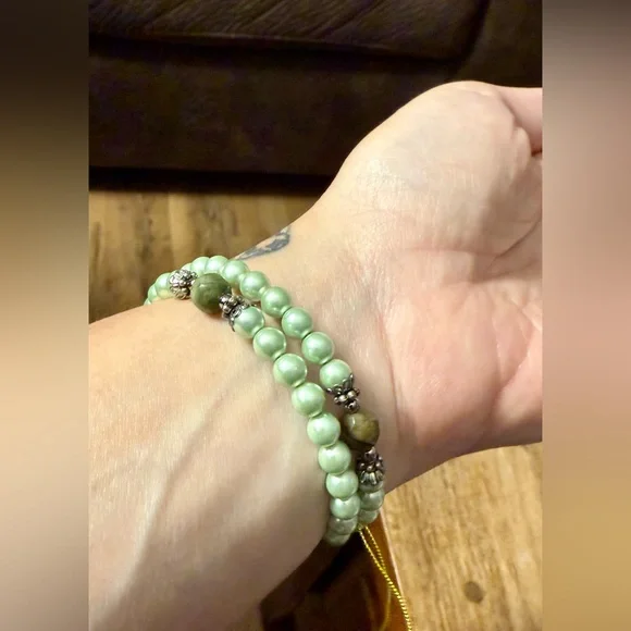 NWT Green Connemara Marble Faux Pearl Coil Rosary Bracelet, Made in Ireland, QVC - Picture 7 of 11